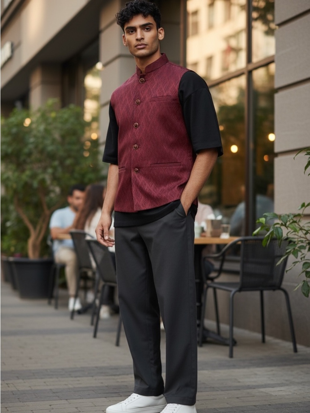 Men's Mandarin Collar Maroon Nehru Vest